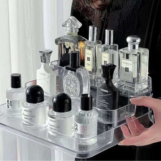 Organizador de perfumes e cosméticos acrílico transparente multinível com perfumes organizados